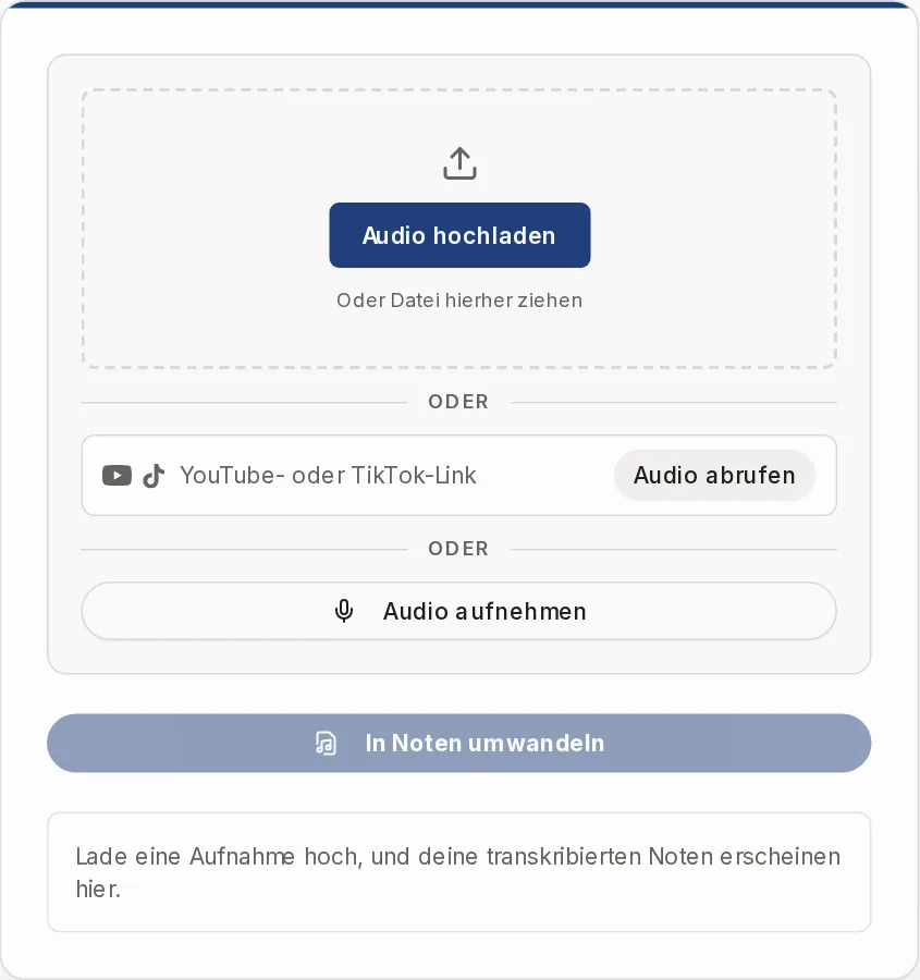 Der Konverter von Partiturmaker vor dem Upload: Feld zum Hochladen, Linkfeld mit Audio abrufen, Audio aufnehmen und In Noten umwandeln