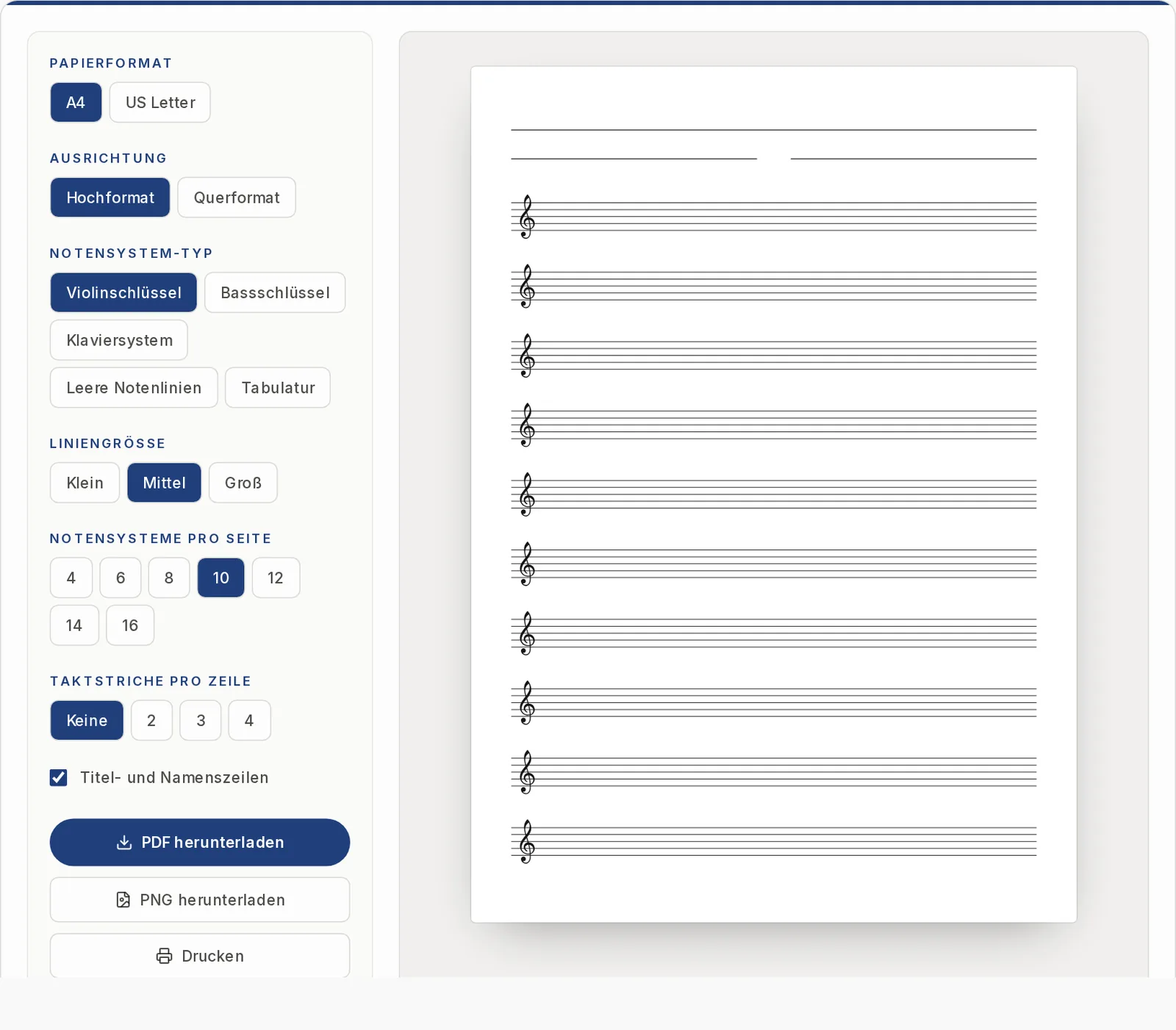 Der Notenpapier-Generator mit den Einstellungen links und der Vorschau eines Notenblatts mit Violinschlüssel rechts