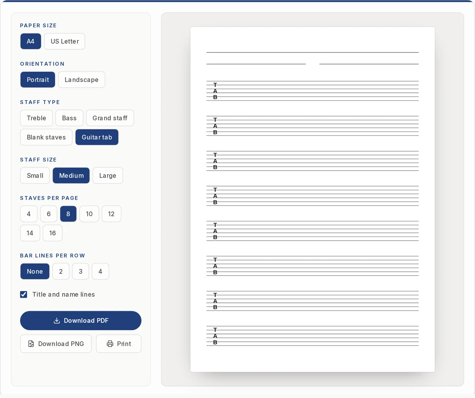 The generator set to guitar tab, showing rows of six lines with the TAB sign
