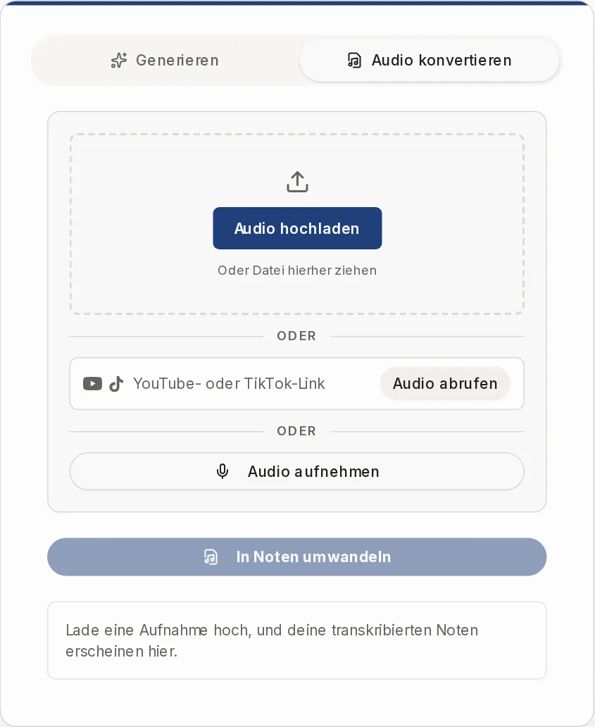 Der Tab Audio konvertieren mit Upload-Feld, Linkfeld und Instrumentenwahl