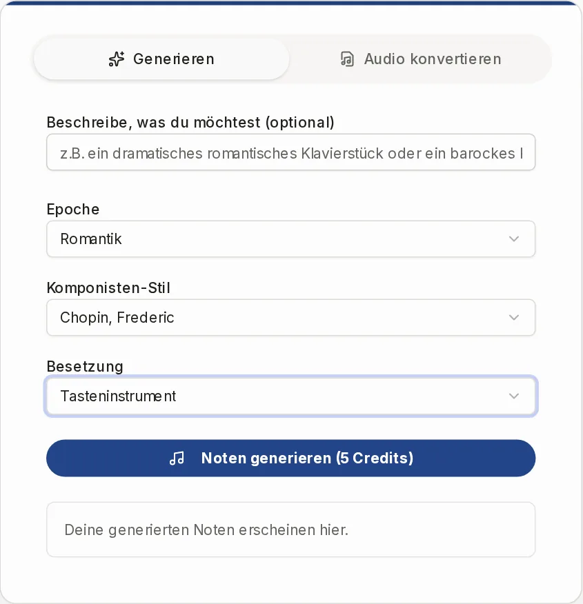 Der Tab Generieren mit den Listen Epoche, Komponisten-Stil und Besetzung und der Schaltfläche Partitur generieren
