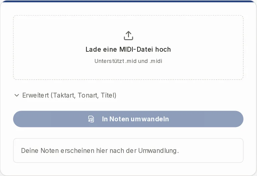 Der Konverter vor der Umwandlung: Feld für die MIDI-Datei und die Optionen Taktart, Tonart und Titel