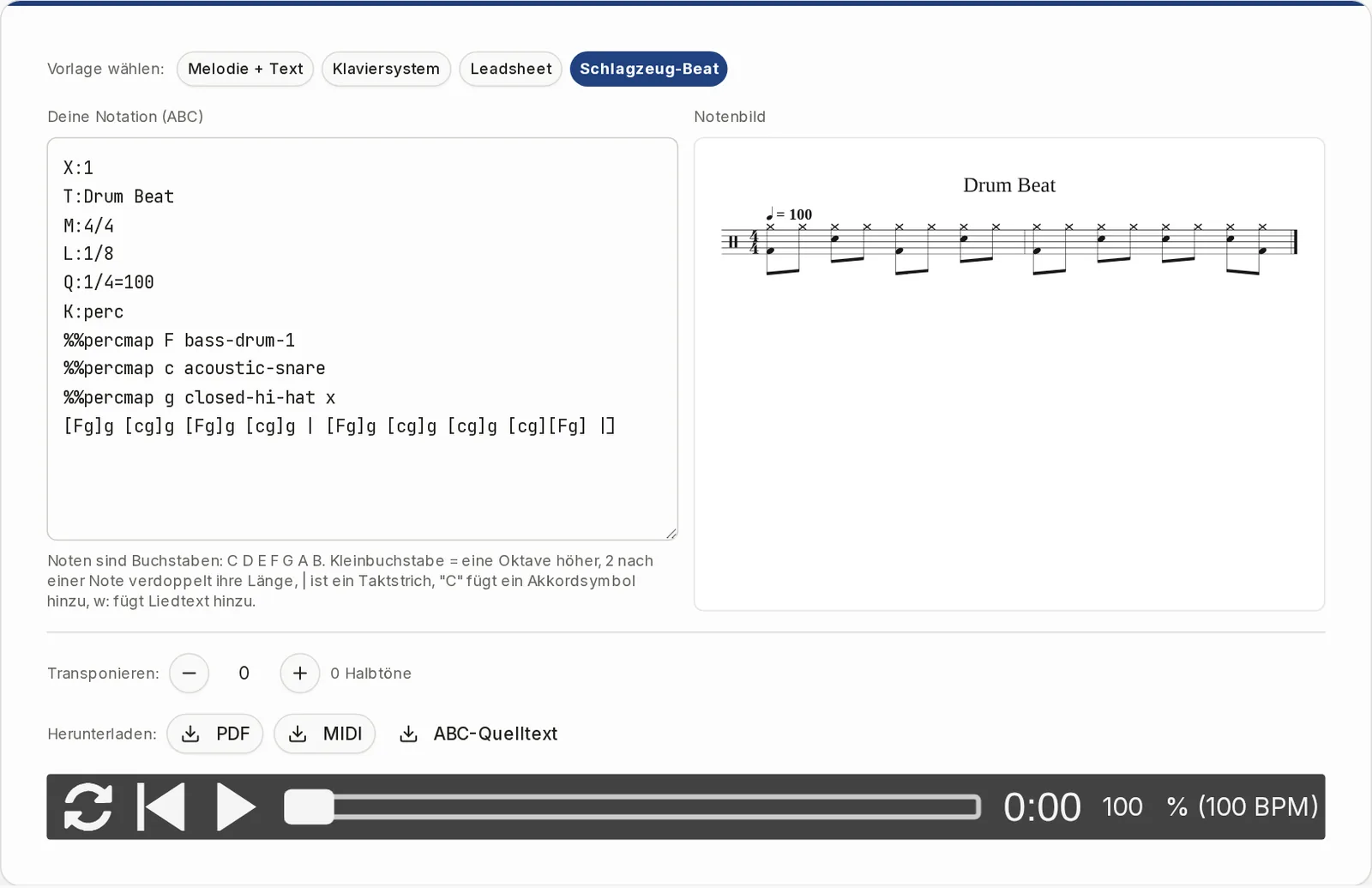 Der Editor mit der Vorlage Schlagzeug-Beat: Text links, Schlagzeugsystem mit x-Notenköpfen für die Hi-Hat rechts