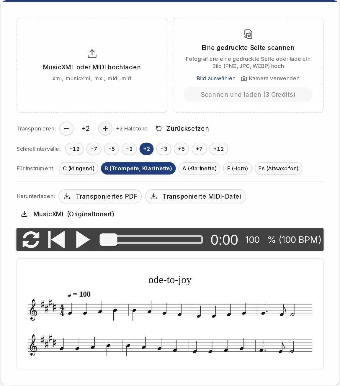 Ode an die Freude in D-Dur, um zwei Halbtöne nach oben verschoben, mit neuer Tonartvorzeichnung, Halbton-Stepper, Instrument-Voreinstellungen und Download-Knöpfen