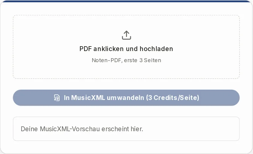 Upload-Box für das Noten-PDF mit dem Button In MusicXML umwandeln und dem Preis pro Seite