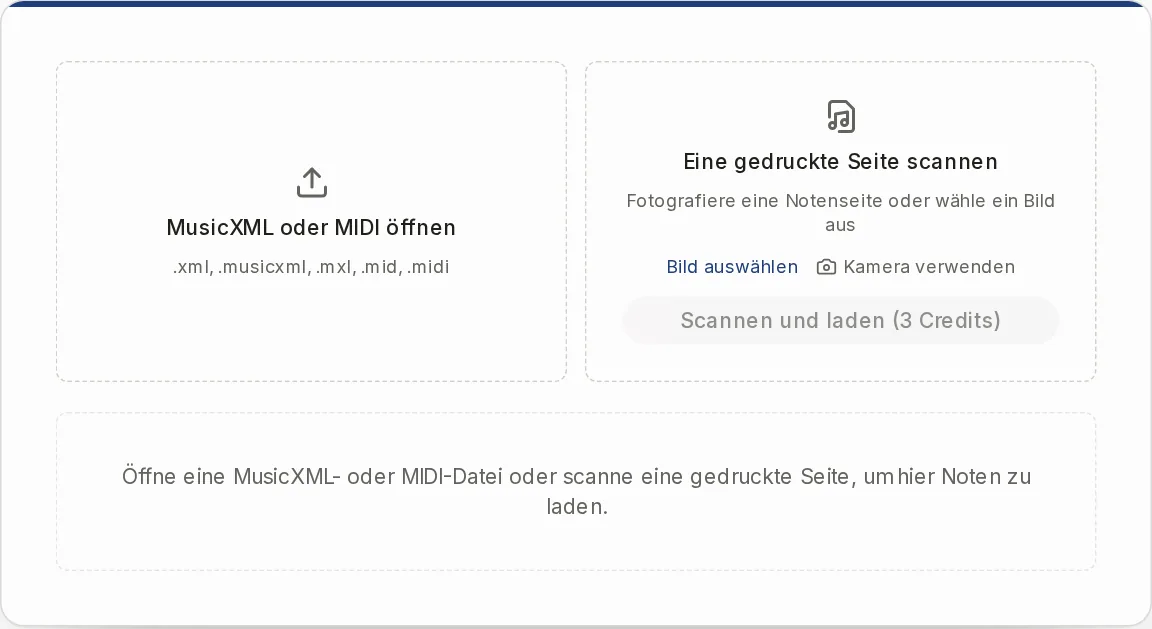 Die beiden Eingabefelder des Noten-Players: eine Datei öffnen oder eine gedruckte Seite scannen