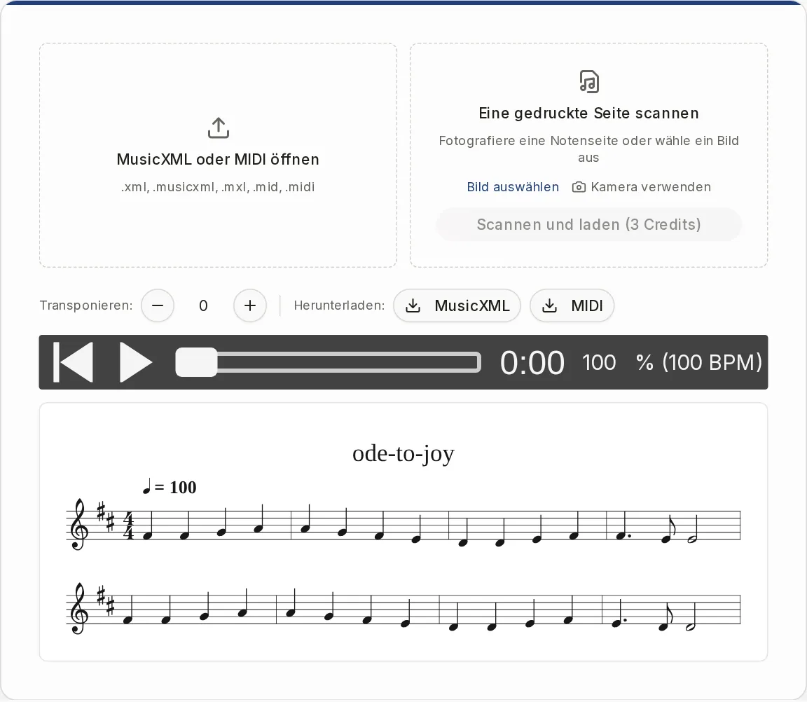 Der Noten-Player mit geladenem Stück: Notenblatt, Abspielleiste mit Tempo, Transponieren und Download-Knöpfe