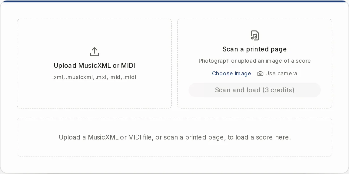 The two input cards of the sheet music player: upload a MusicXML or MIDI file, or scan a printed page