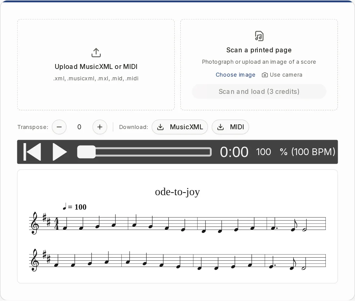 A loaded score in the player with the transport bar, tempo and transpose controls, download buttons and notation